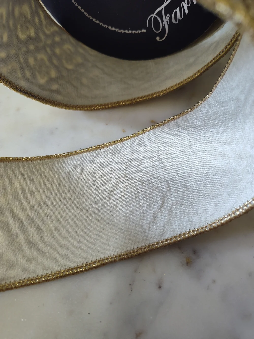 FARRISILK Heirloom WiredTapestry Rhinestone Wired Ribbon 3" x 5 Yards Cream Gold - Picture 7 of 8